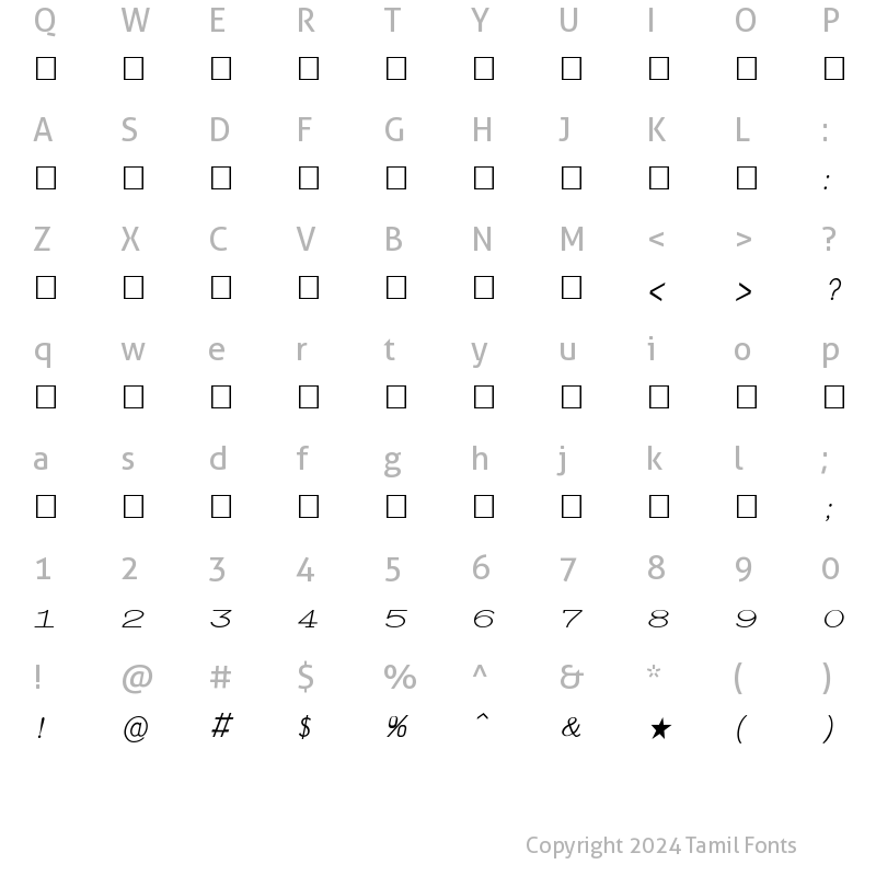 Character Map of TAU-Kaveri Italic